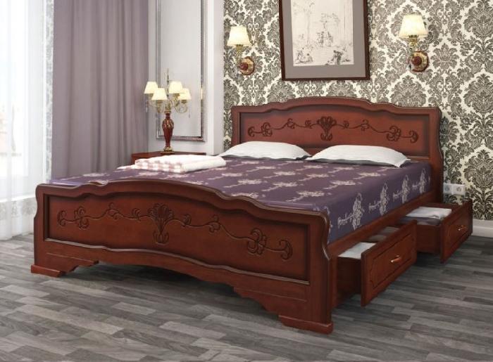Кровать двуспальная Карина-6 (СМ 160х200) с выдвижными ящиками, без основания с универсальными царга ( 160х200 , дерево/МДФ , орех , без подъемного мех. , ящики в комплекте , без матраса (Браво-мебель) )
